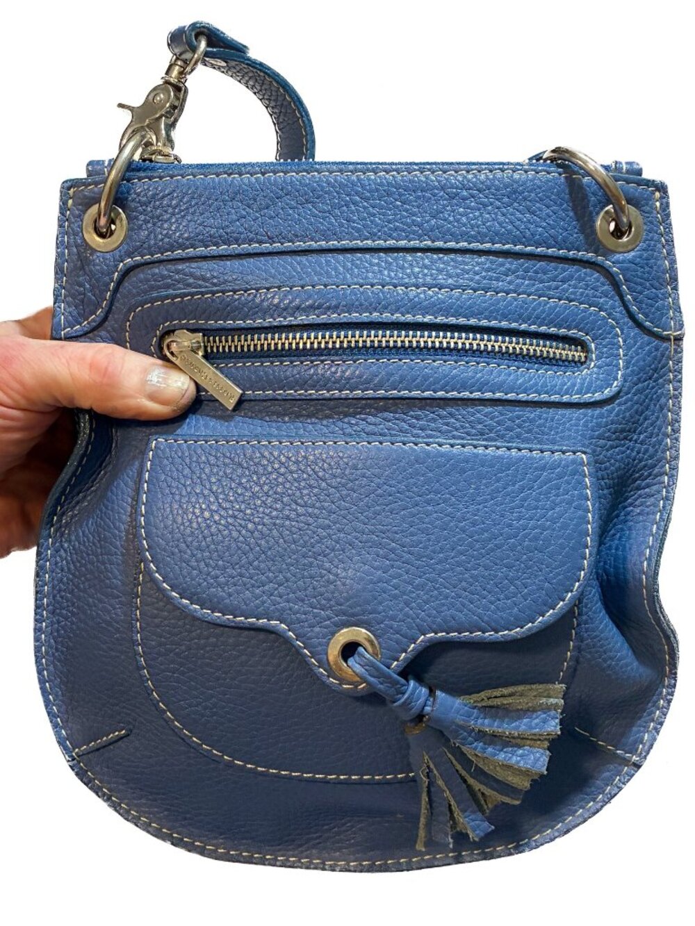 Rossi & Caruso Blue Pebbled Leather Tassel Crossbody Bag | Made in Argentina